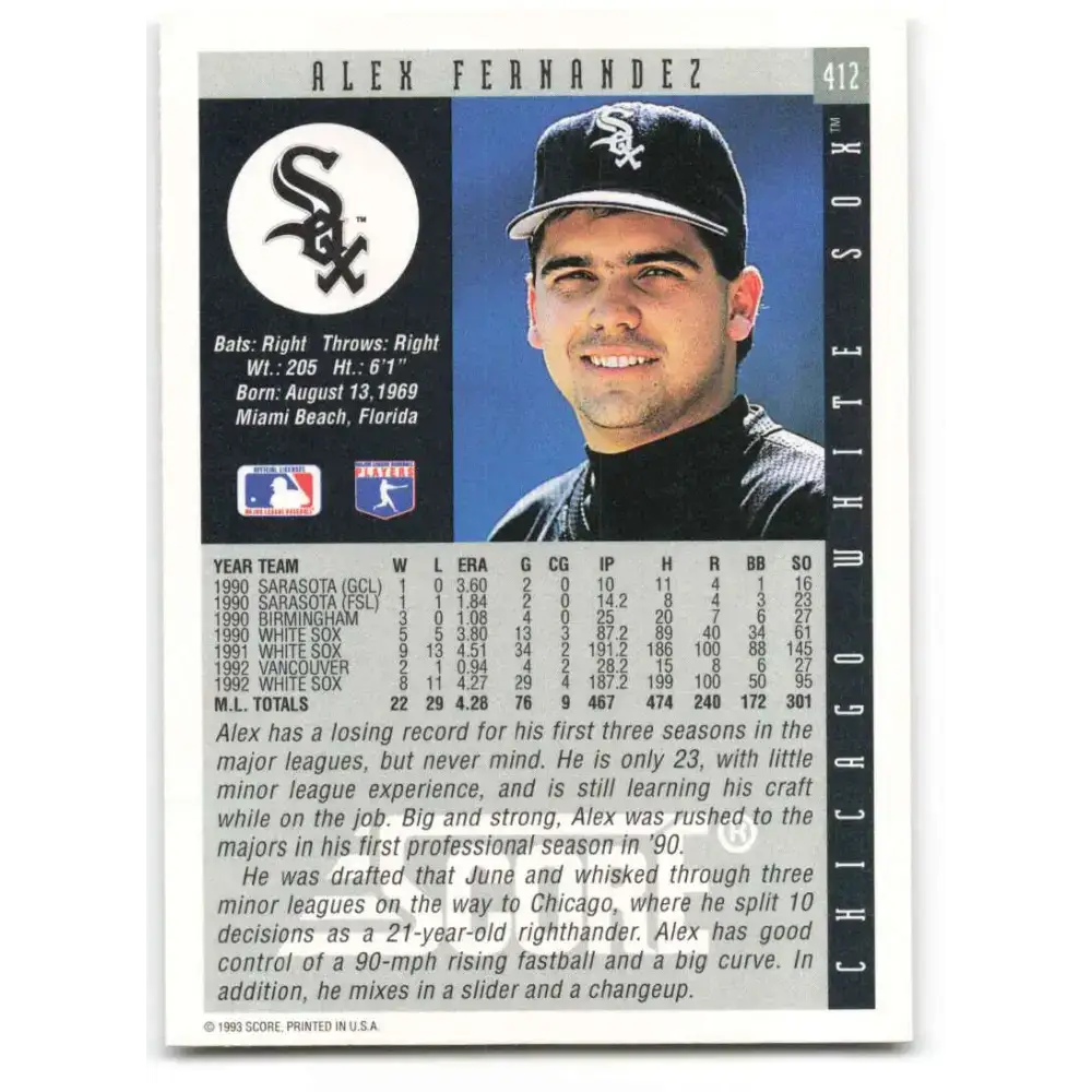 1993 Score #412 Alex Fernandez NM-MT Chicago White Sox Baseball Card - Baseball Card Single