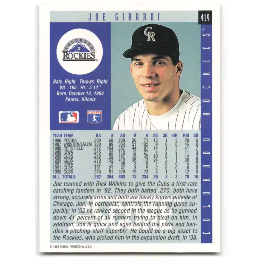 1993 Score #419 Joe Girardi NM-MT Colorado Rockies Baseball Card - Baseball Card Single