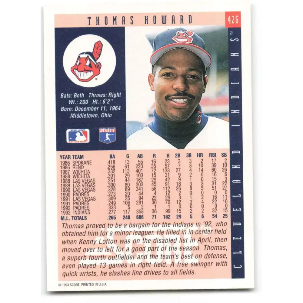1993 Score #426 Thomas Howard NM-MT Cleveland Indians Baseball Card - Baseball Card Single