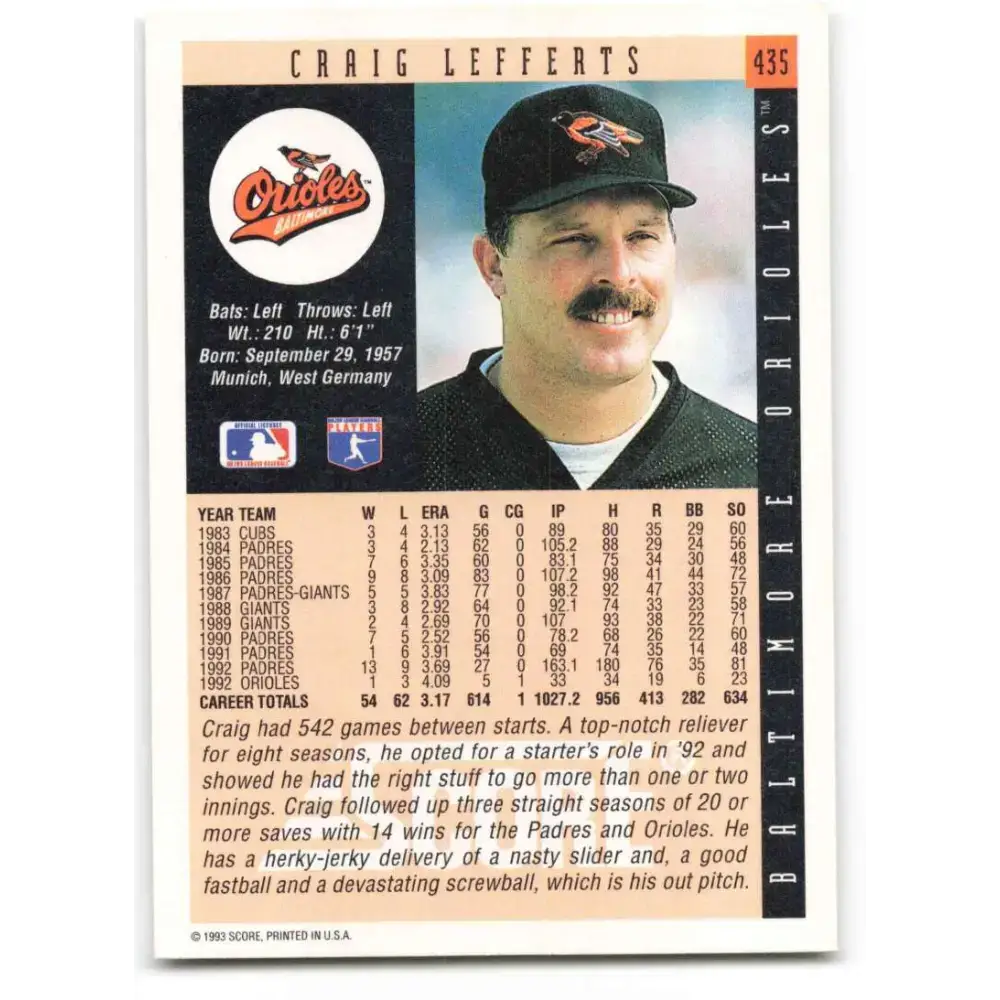 1993 Score #435 Craig Lefferts NM-MT Baltimore Orioles Baseball Card - Baseball Card Single