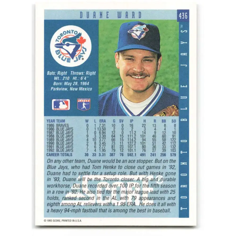 1993 Score #436 Duane Ward NM-MT Toronto Blue Jays Baseball Card - Baseball Card Single