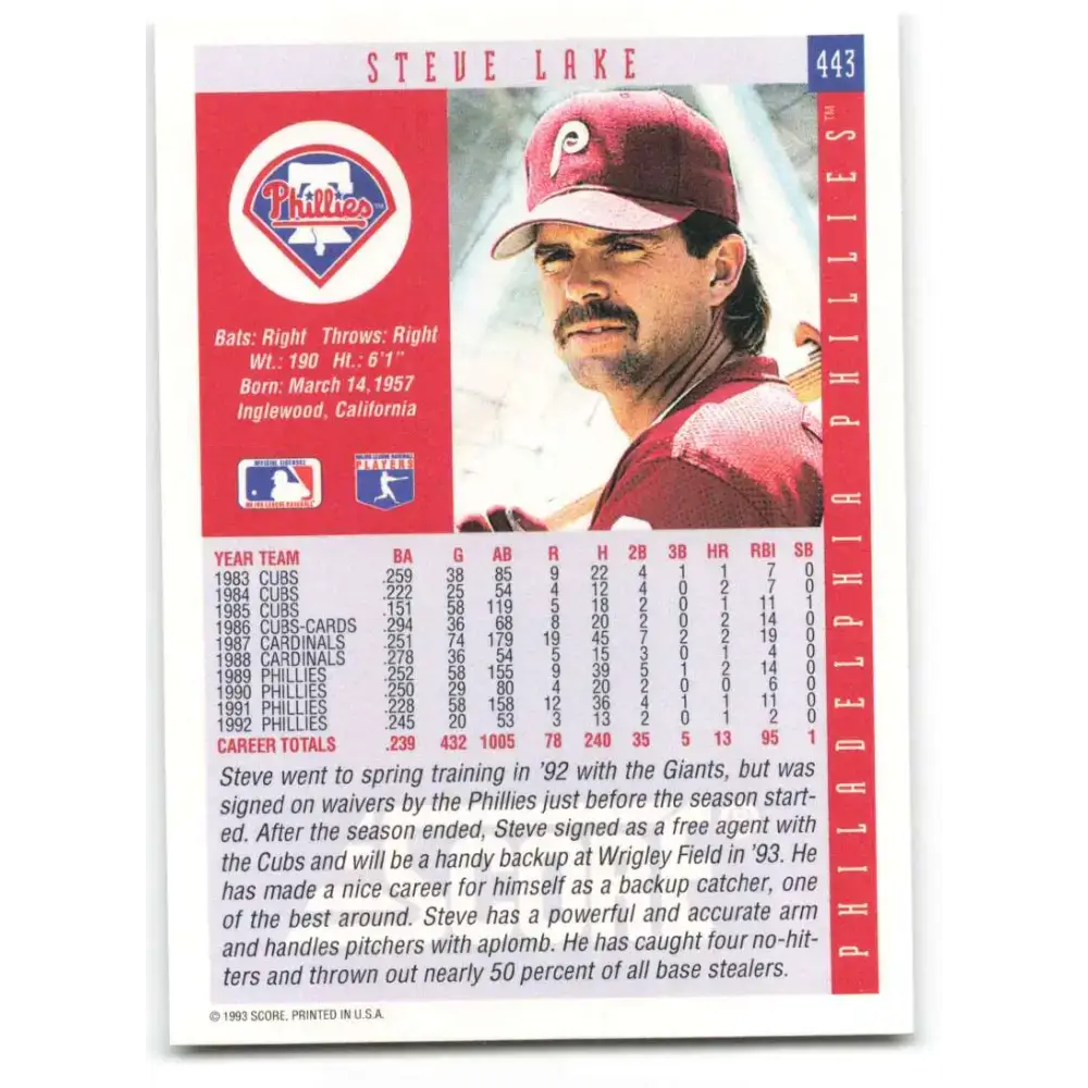 1993 Score #443 Steve Lake NM-MT Philadelphia Phillies Baseball Card - Baseball Card Single