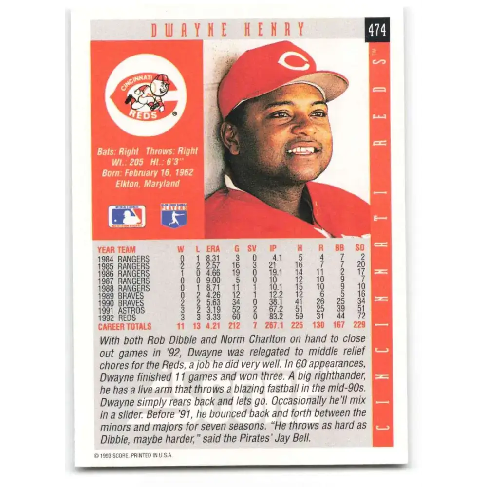 1993 Score #474 Dwayne Henry NM-MT Cincinnati Reds Baseball Card - Baseball Card Single