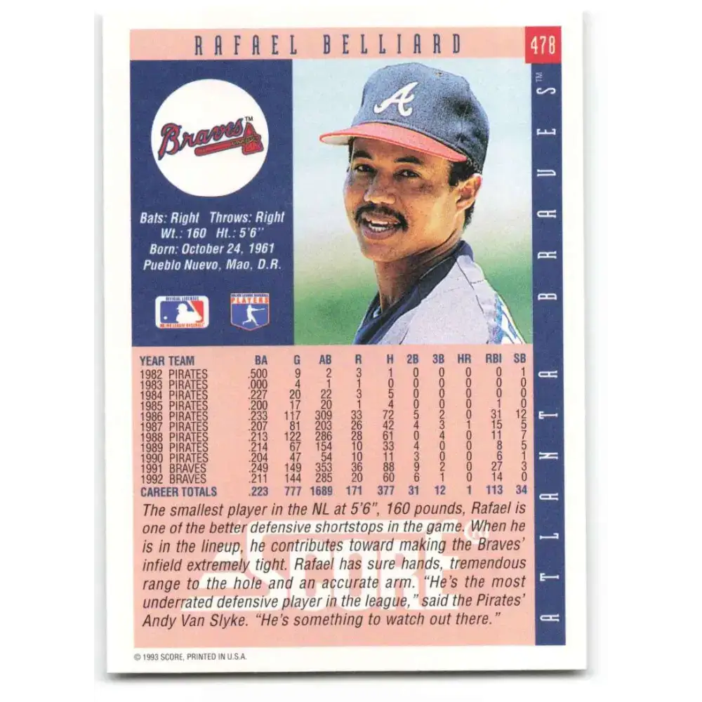 1993 Score #478 Rafael Belliard NM-MT Atlanta Braves Baseball Card - Baseball Card Single