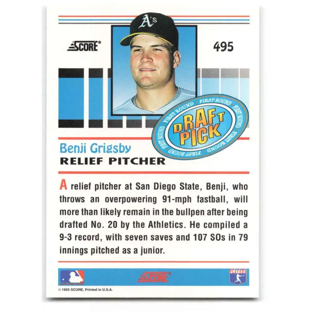 1993 Score #495 Benji Grigsby NM-MT RC Rookie Oakland Athletics Baseball Card - Baseball Card Single