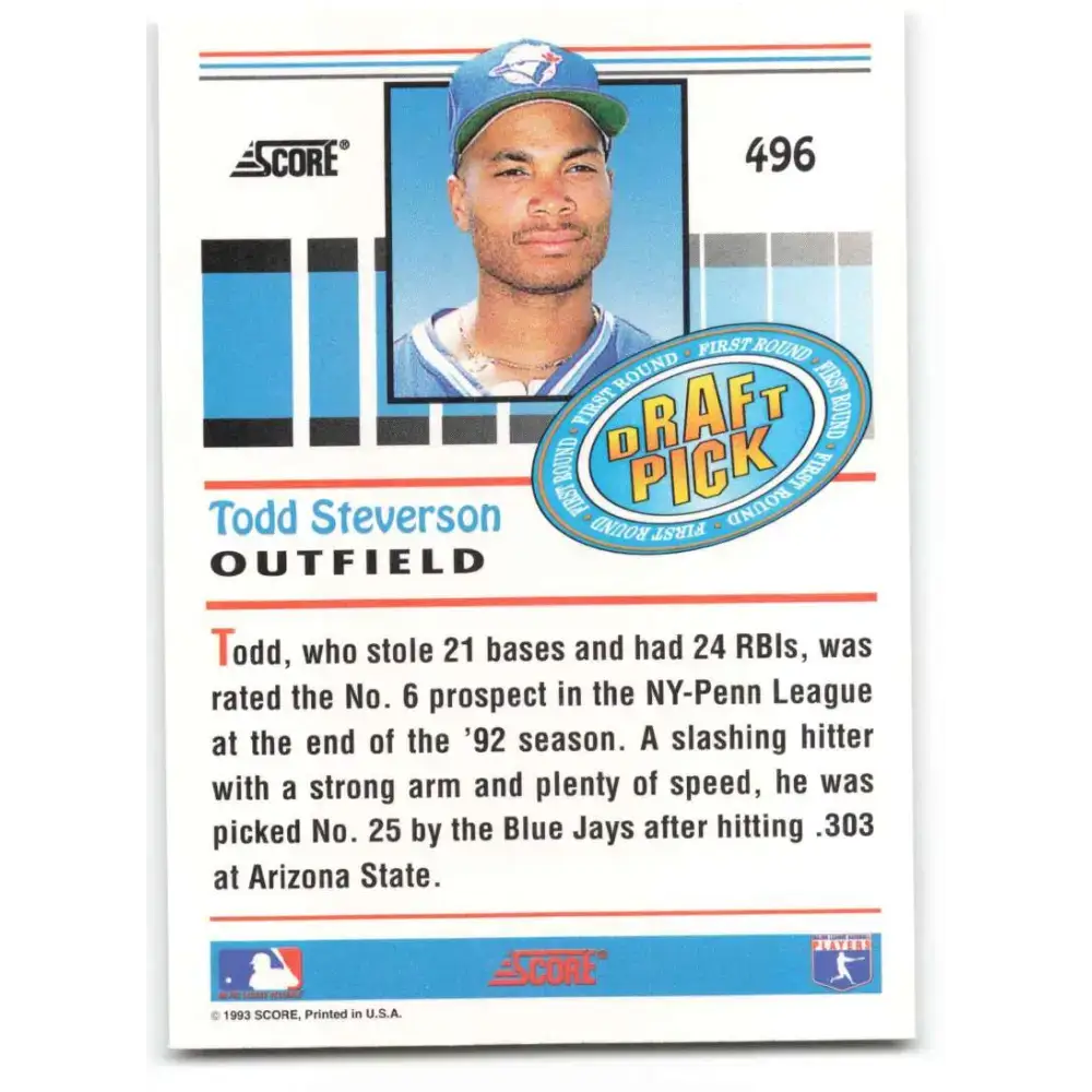 1993 Score #496 Todd Steverson NM-MT RC Rookie Toronto Blue Jays Baseball Card - Baseball Card Single