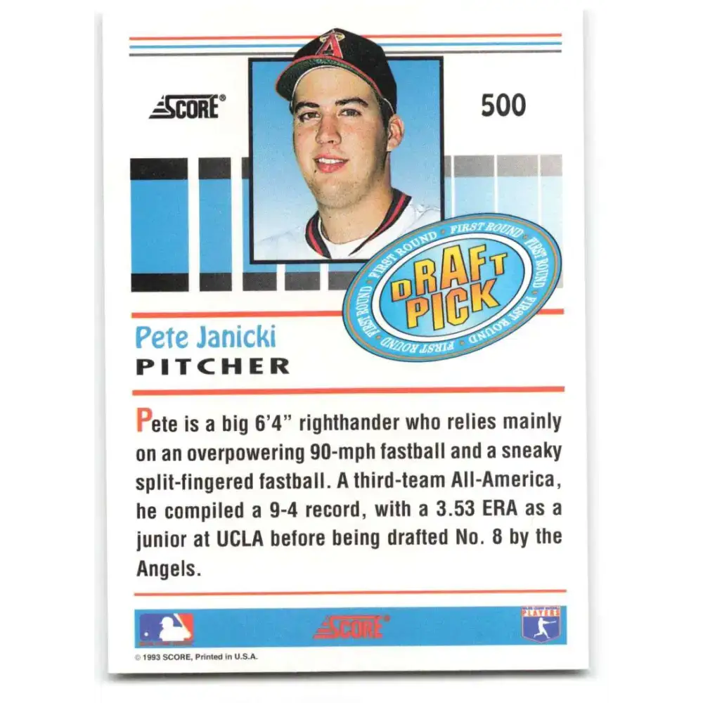 1993 Score #500 Pete Janicki NM-MT RC Rookie California Angels Baseball Card - Baseball Card Single