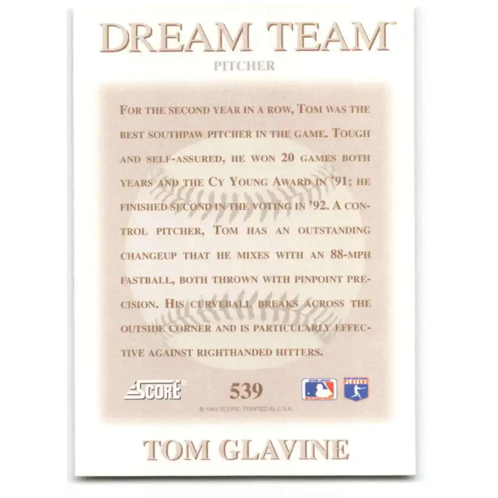 1993 Score #539 Tom Glavine DT NM-MT Atlanta Braves Baseball Card - Baseball Card Single