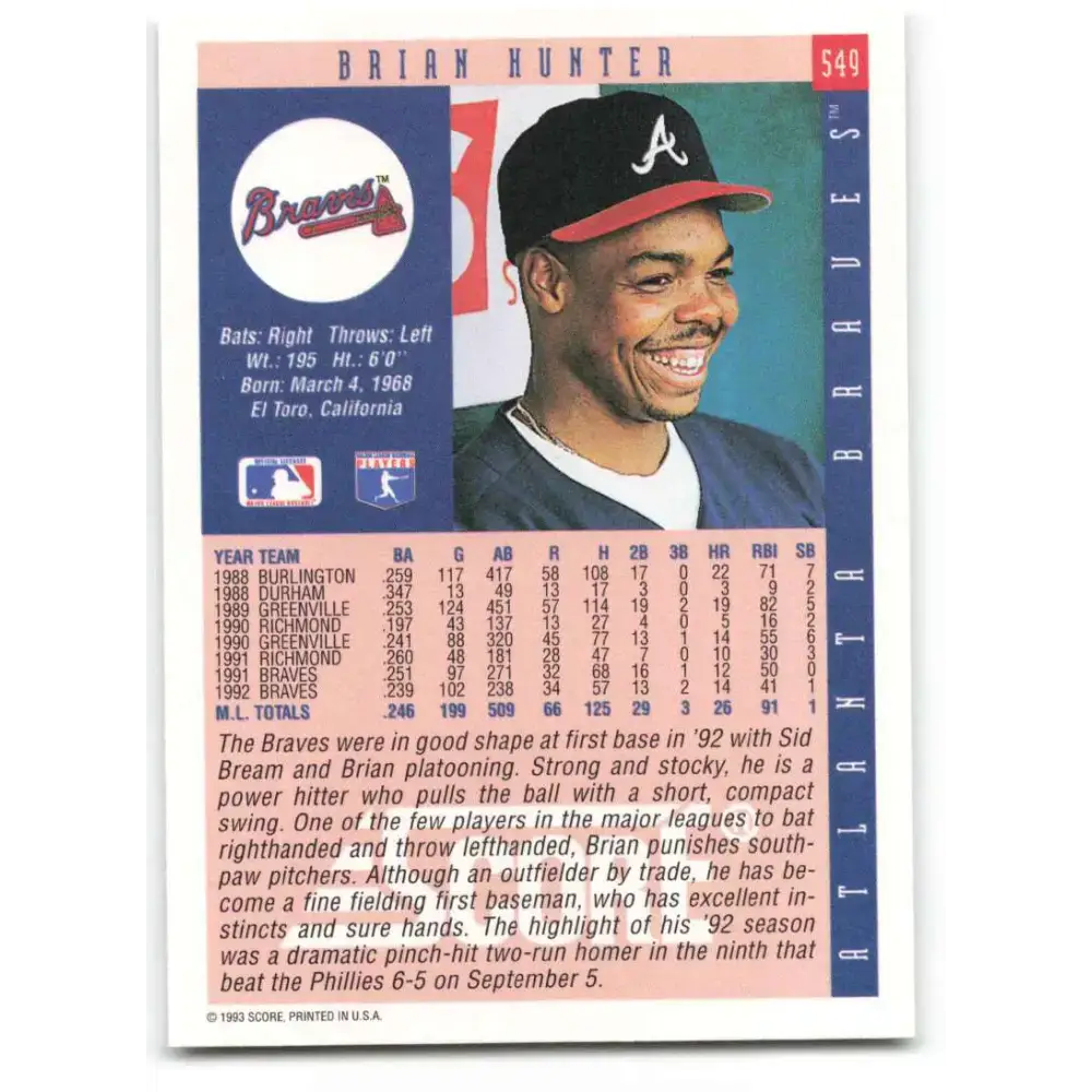 1993 Score #549 Brian Hunter NM-MT Atlanta Braves Baseball Card - Baseball Card Single