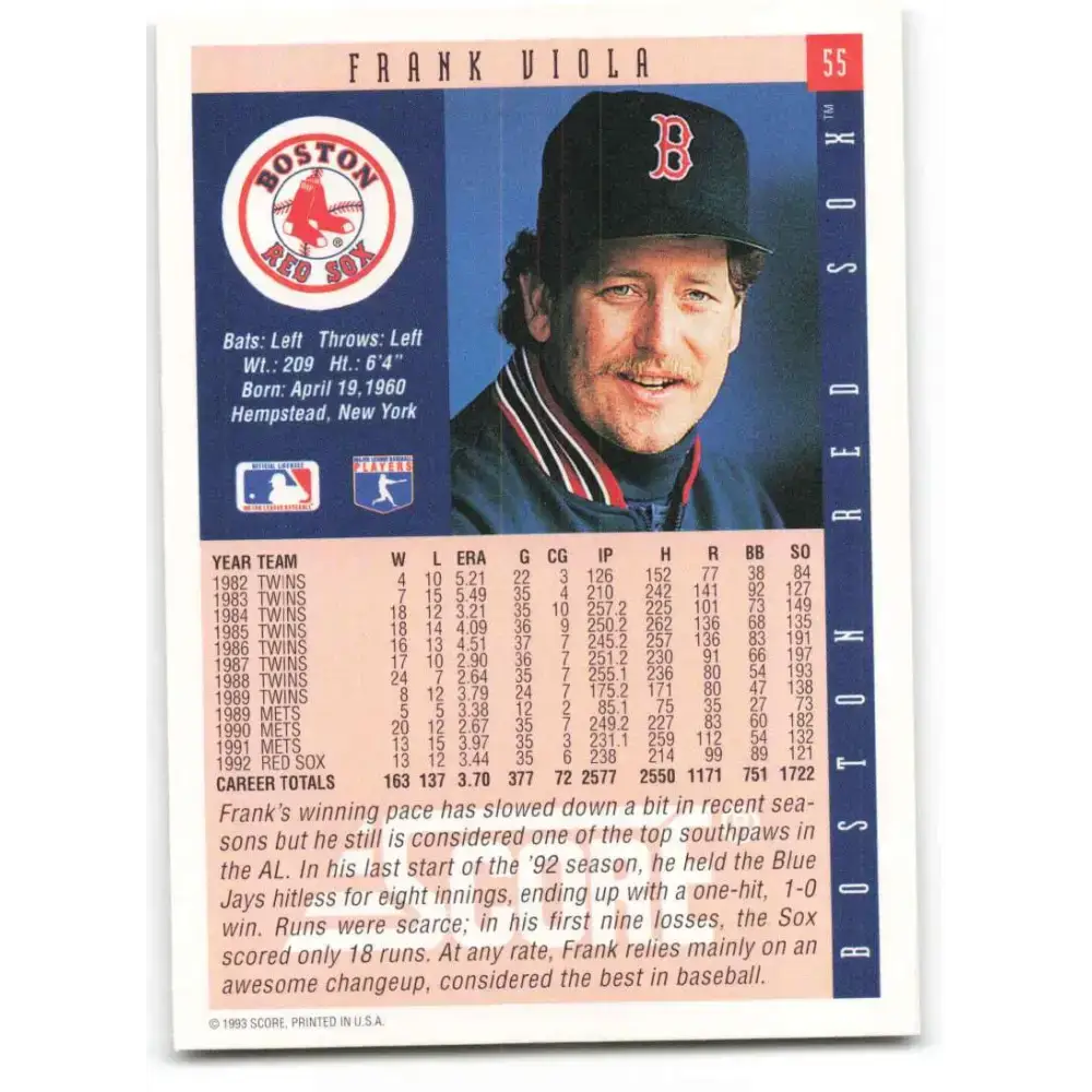 1993 Score #55 Frank Viola NM-MT Boston Red Sox Baseball Card - Baseball Card Single