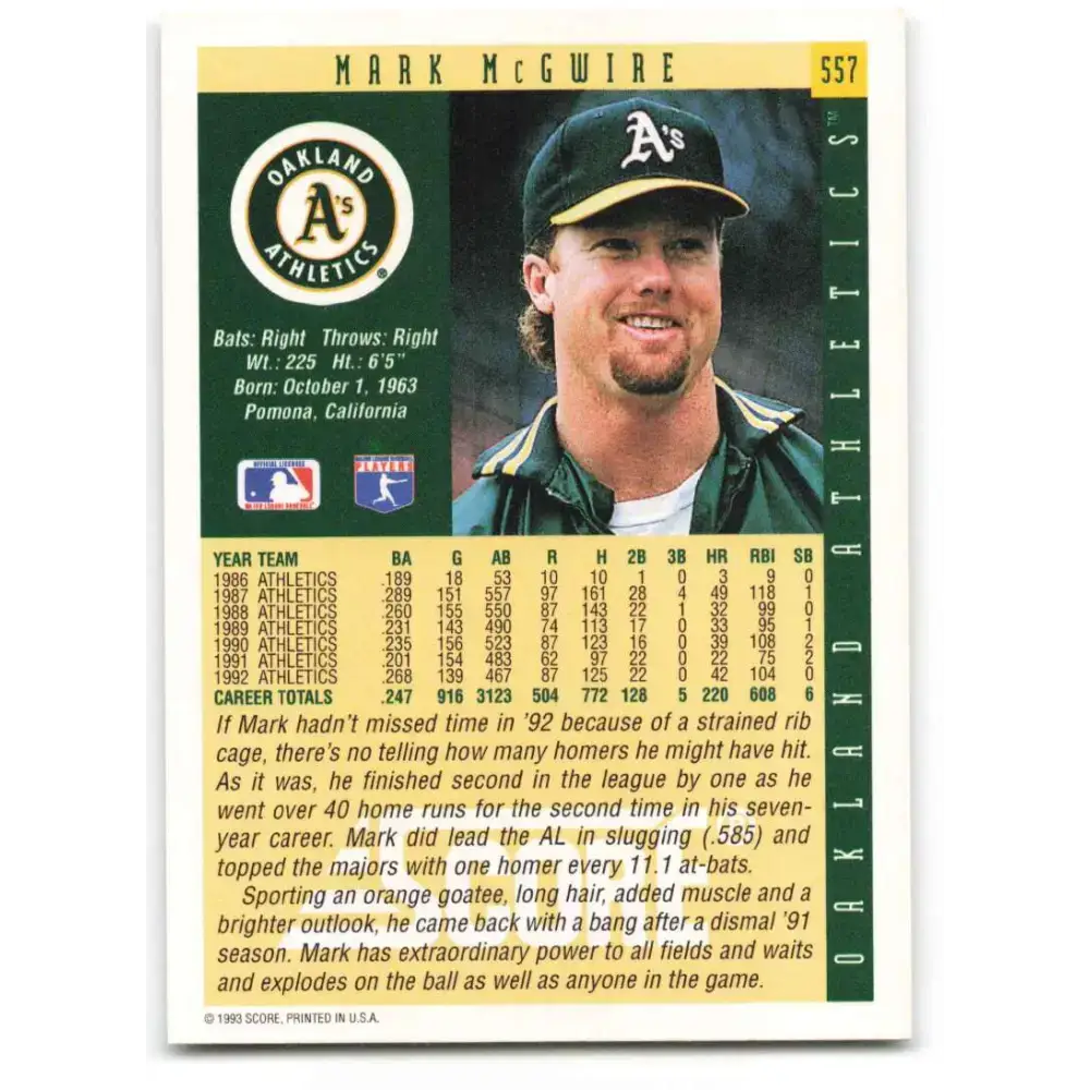 1993 Score #557 Mark McGwire NM-MT Oakland Athletics Baseball Card - Baseball Card Single