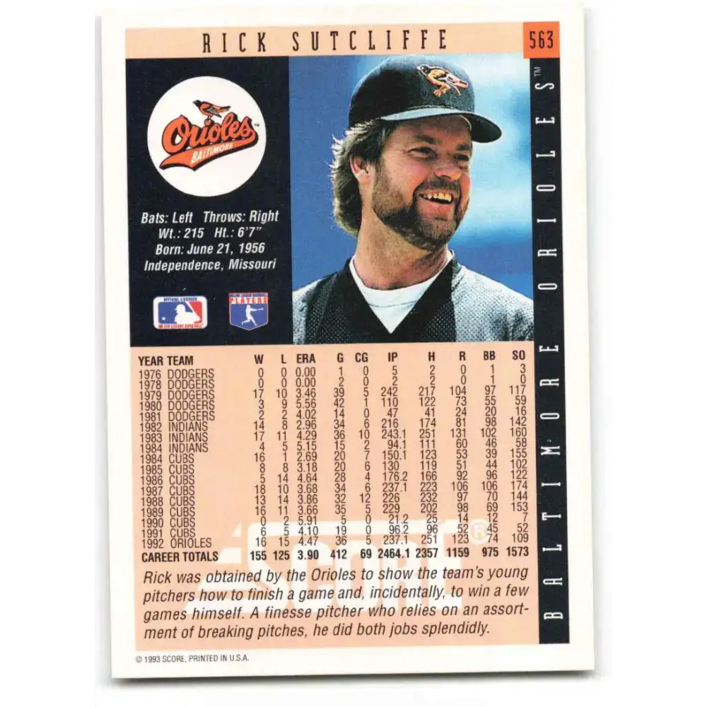 1993 Score #563 Rick Sutcliffe NM-MT Baltimore Orioles Baseball Card - Baseball Card Single