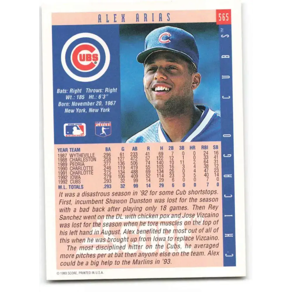 1993 Score #565 Alex Arias NM-MT Chicago Cubs Baseball Card - Baseball Card Single
