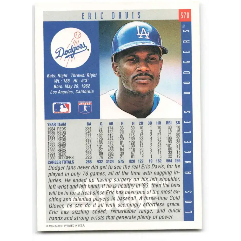 1993 Score #570 Eric Davis NM-MT Los Angeles Dodgers Baseball Card - Baseball Card Single