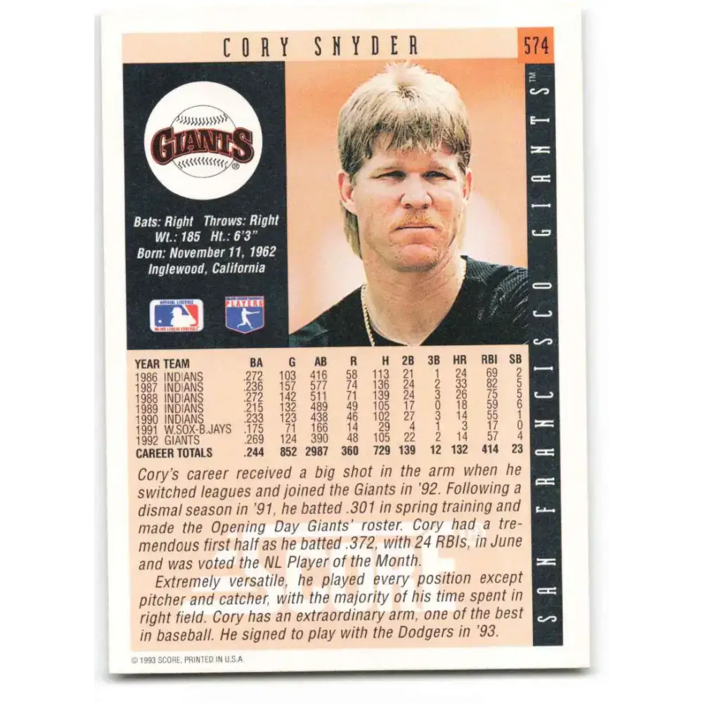 1993 Score #574 Cory Snyder NM-MT San Francisco Giants Baseball Card - Baseball Card Single