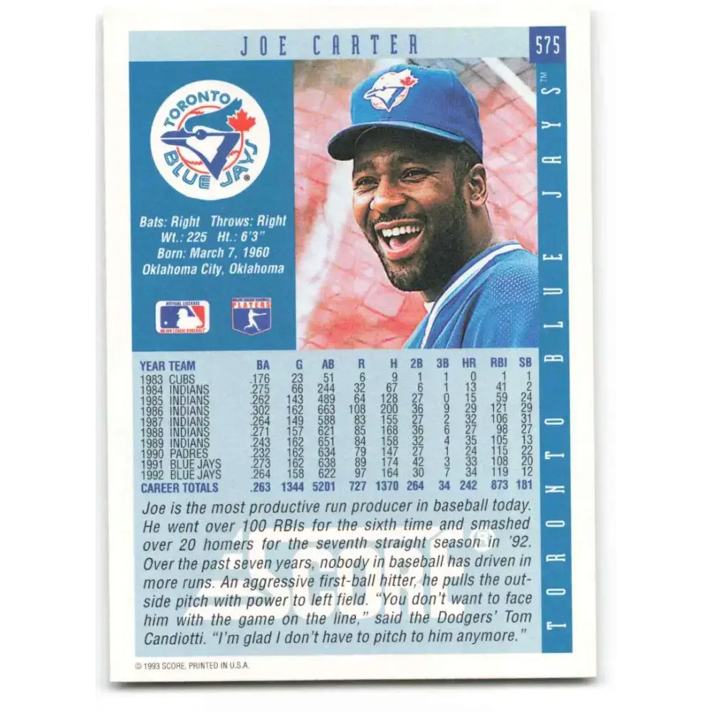 1993 Score #575 Joe Carter NM-MT Toronto Blue Jays Baseball Card - Baseball Card Single
