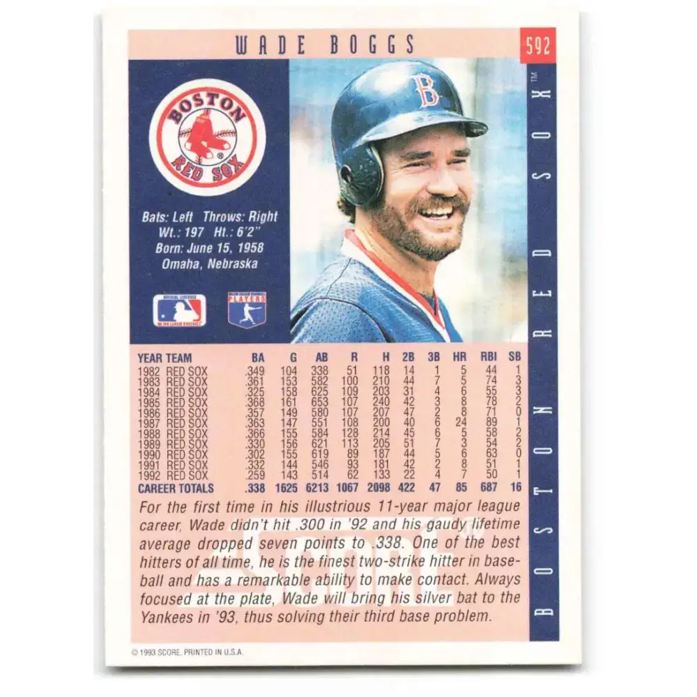 1993 Score #592 Wade Boggs NM-MT Boston Red Sox Baseball Card - Baseball Card Single
