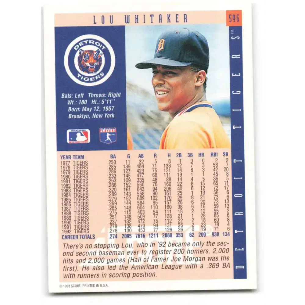 1993 Score #596 Lou Whitaker NM-MT Detroit Tigers Baseball Card - Baseball Card Single