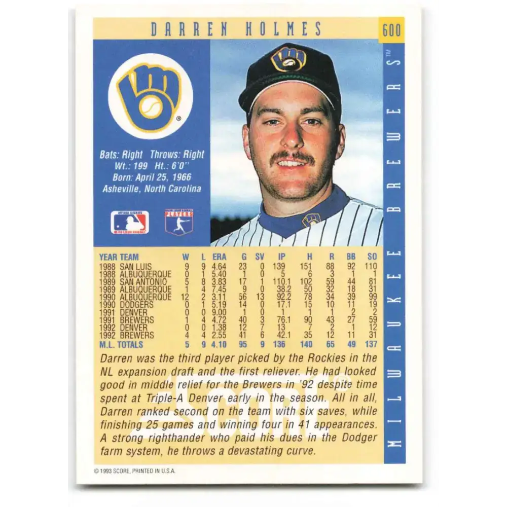 1993 Score #600 Darren Holmes NM-MT Milwaukee Brewers Baseball Card - Baseball Card Single
