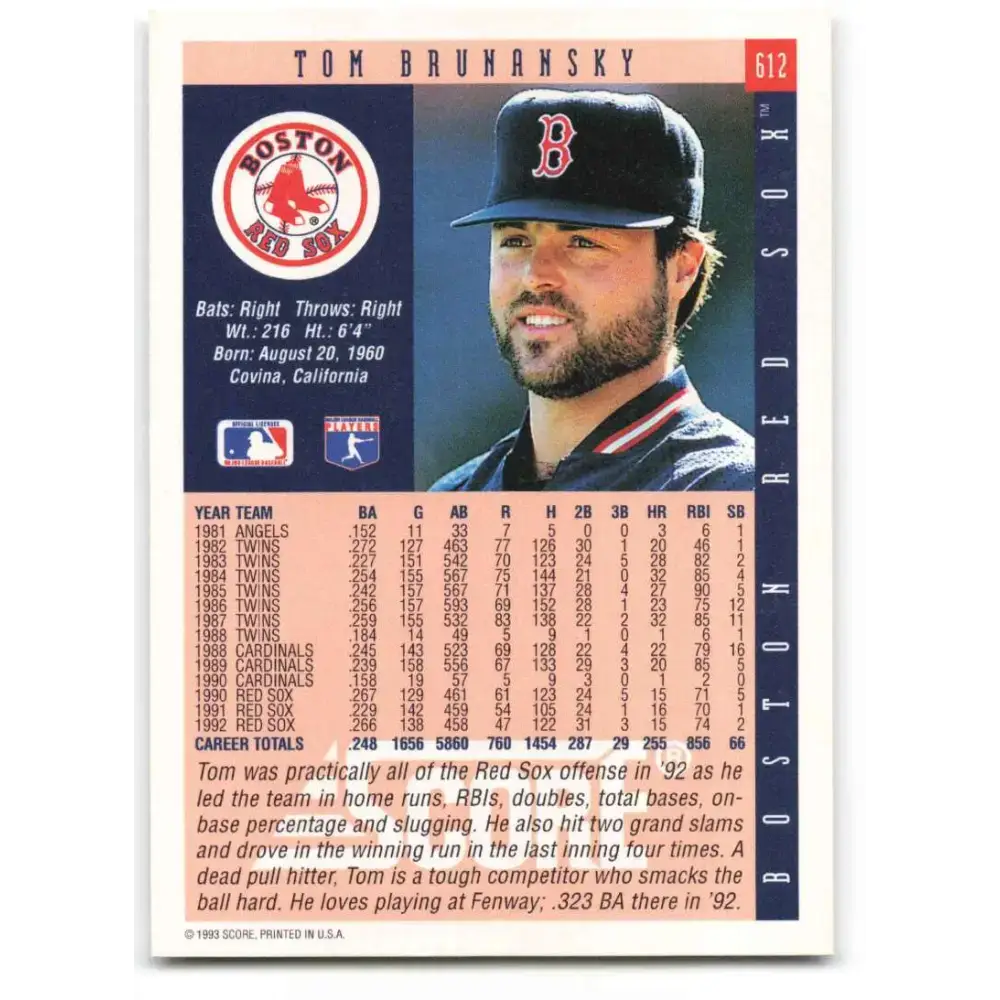 1993 Score #612 Tom Brunansky NM-MT Boston Red Sox Baseball Card - Baseball Card Single