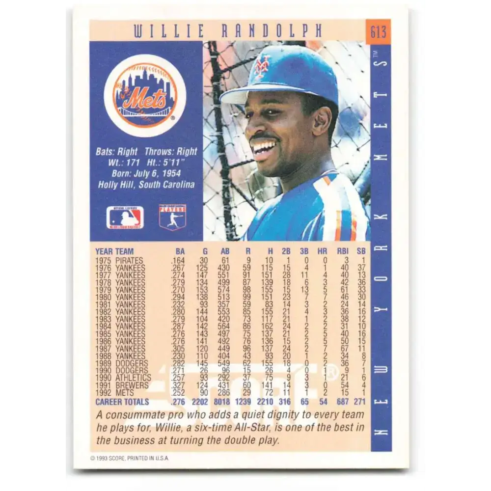 1993 Score #613 Willie Randolph NM-MT New York Mets Baseball Card - Baseball Card Single