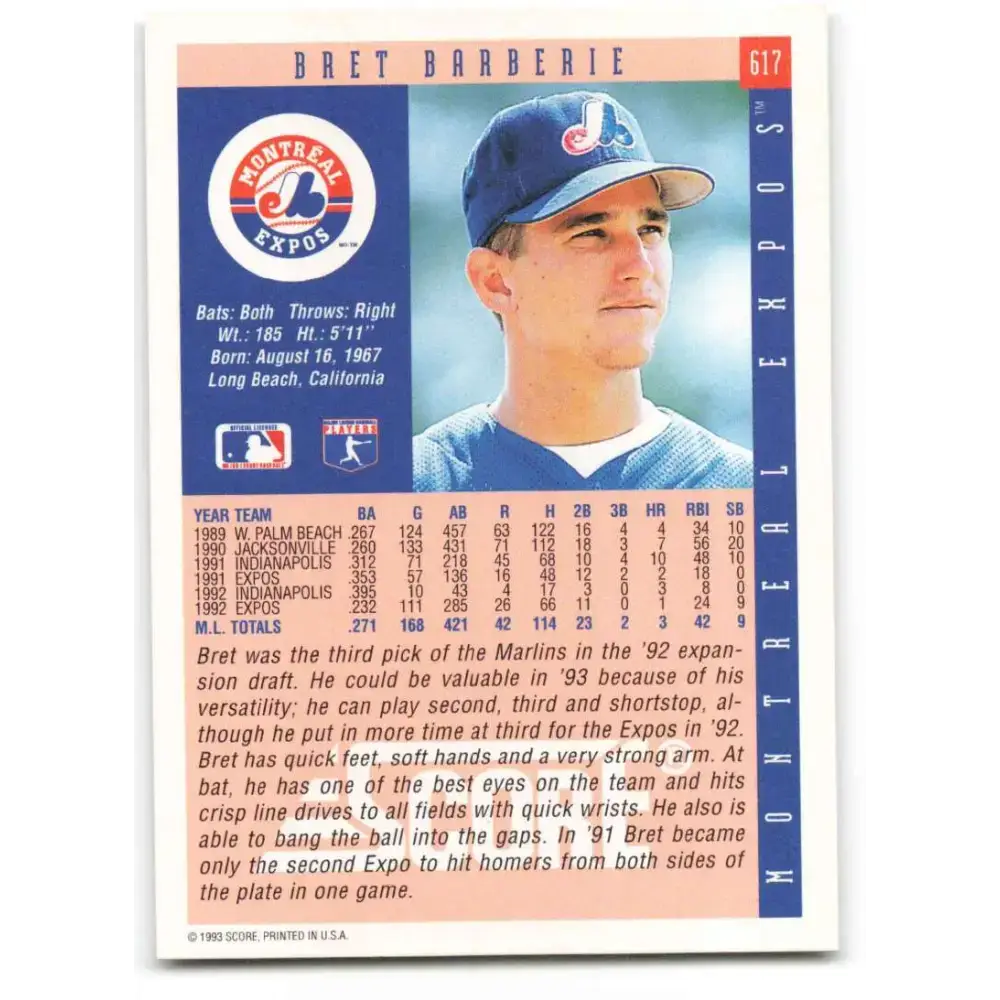 1993 Score #617 Bret Barberie NM-MT Montreal Expos Baseball Card - Baseball Card Single