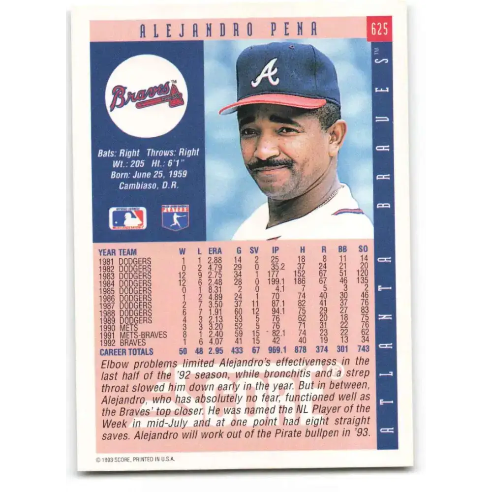 1993 Score #625 Alejandro Pena NM-MT Atlanta Braves Baseball Card - Baseball Card Single