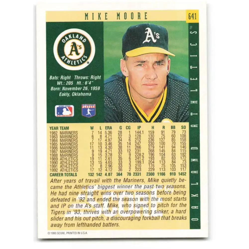 1993 Score #641 Mike Moore NM-MT Oakland Athletics Baseball Card - Baseball Card Single