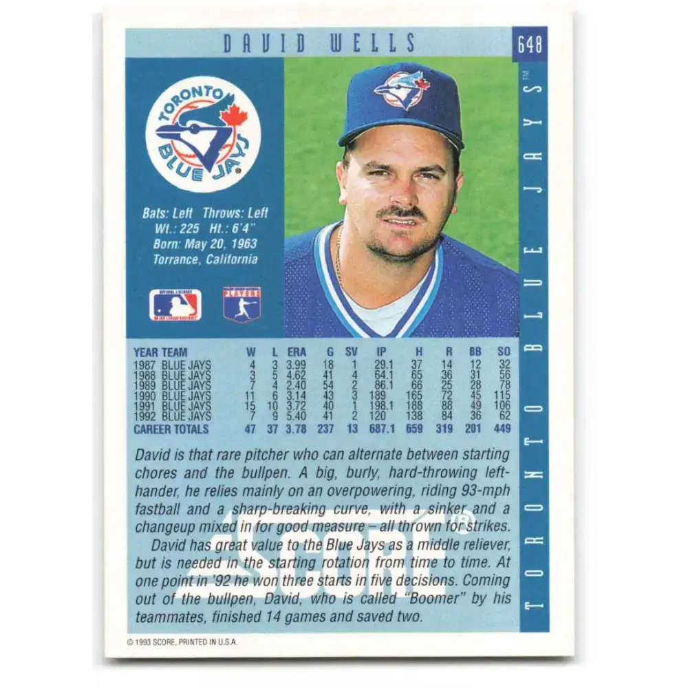 1993 Score #648 David Wells NM-MT Toronto Blue Jays Baseball Card - Baseball Card Single
