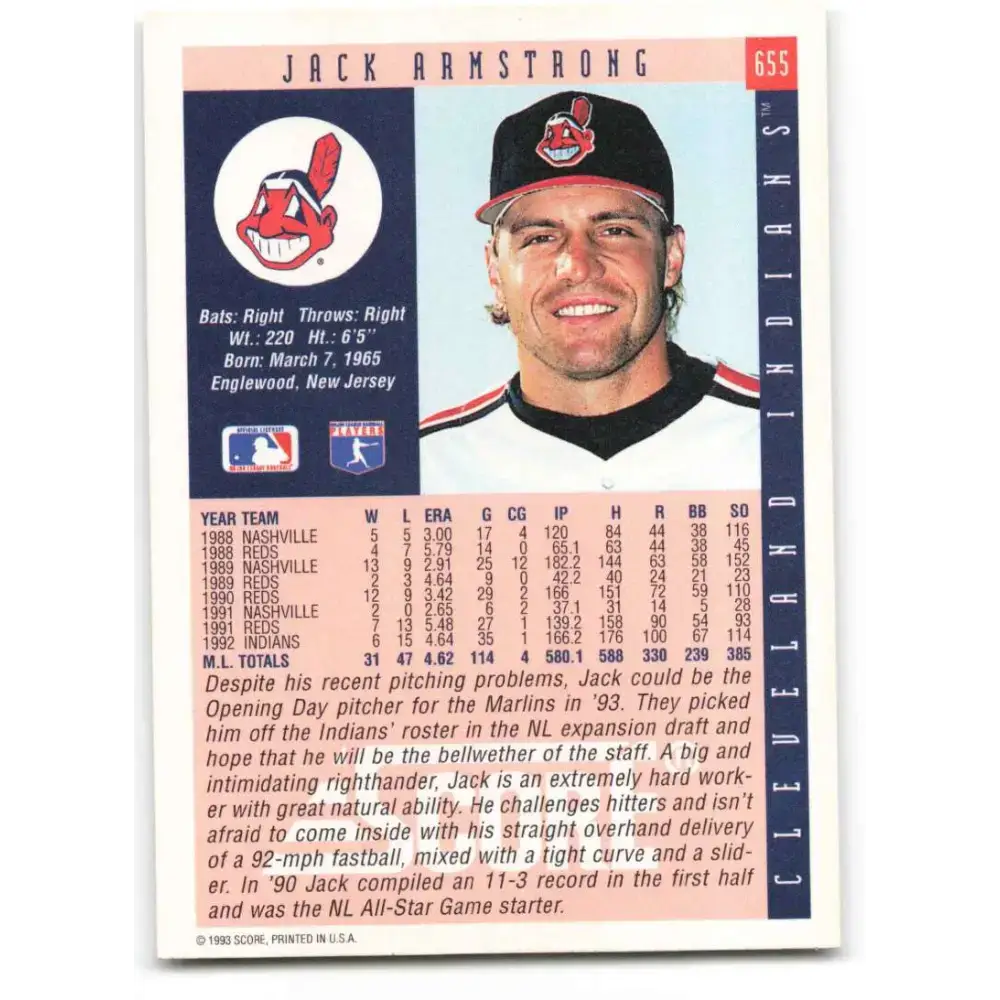 1993 Score #655 Jack Armstrong NM-MT Cleveland Indians Baseball Card - Baseball Card Single