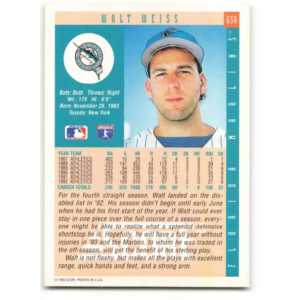 1993 Score #659 Walt Weiss NM-MT Florida Marlins Baseball Card - Baseball Card Single