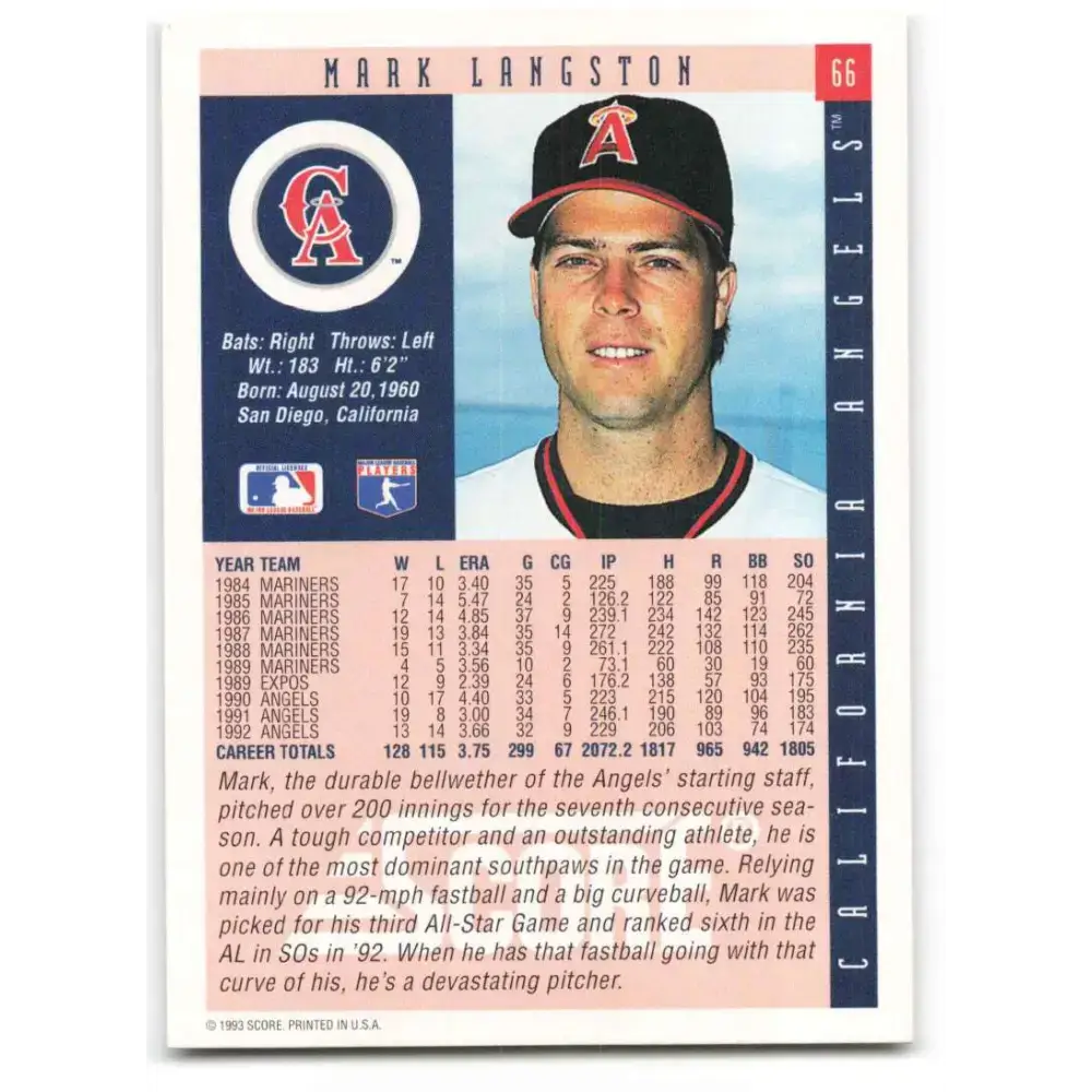 1993 Score #66 Mark Langston NM-MT California Angels Baseball Card - Baseball Card Single