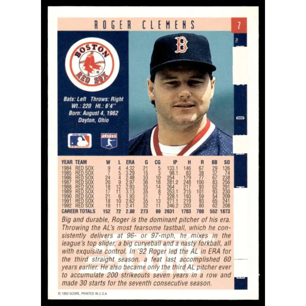 1993 Score #7 Roger Clemens EX/NM Boston Red Sox Baseball Card - Baseball Card Single