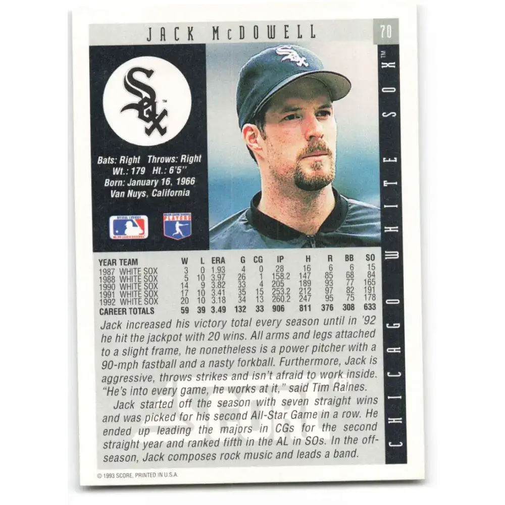 1993 Score #70 Jack McDowell NM-MT Chicago White Sox Baseball Card - Baseball Card Single