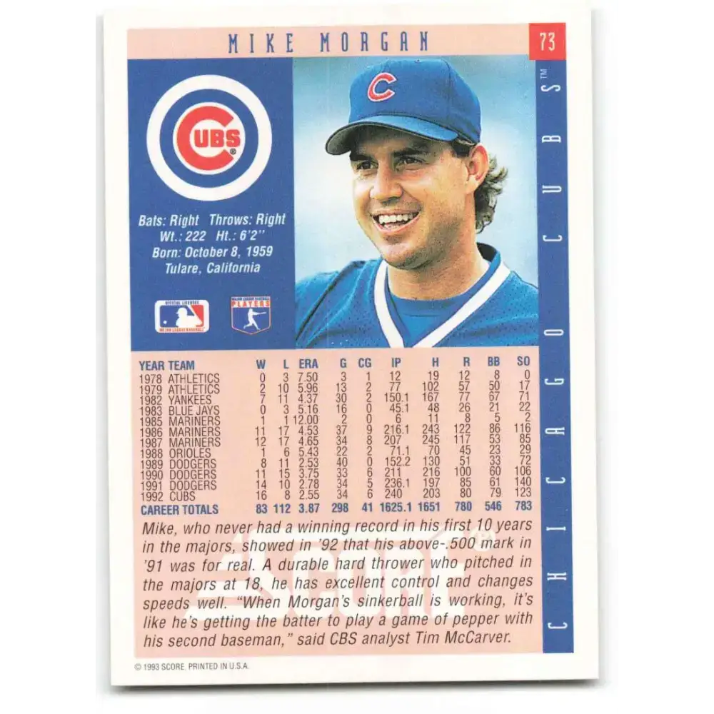 1993 Score #73 Mike Morgan NM-MT Chicago Cubs Baseball Card - Baseball Card Single