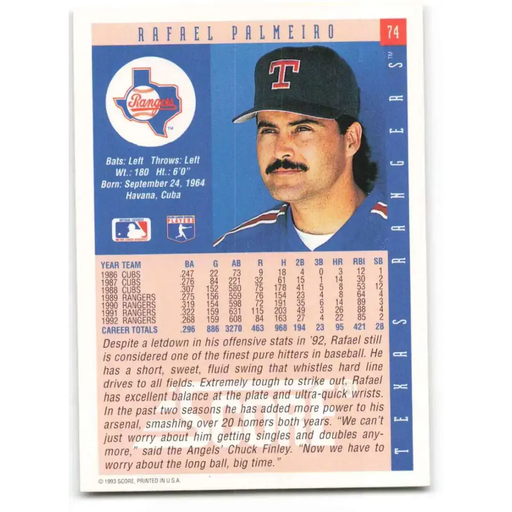 1993 Score #74 Rafael Palmeiro NM-MT Texas Rangers Baseball Card - Baseball Card Single