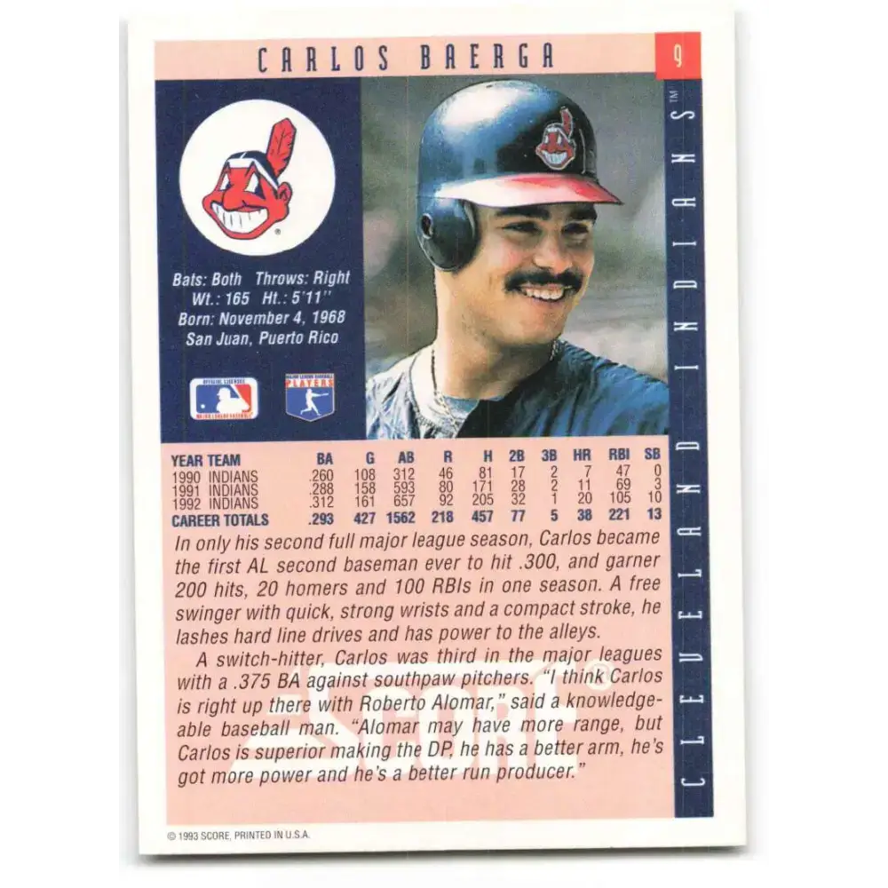 1993 Score #9 Carlos Baerga NM-MT Cleveland Indians Baseball Card - Baseball Card Single