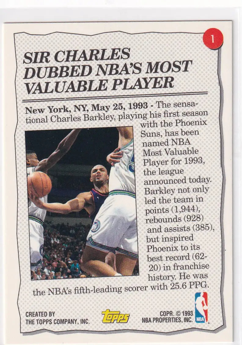 1993 TOPPS #1 CHARLES BARKLEY HIGHLIGHT- HOUSTON ROCKETS - Basketball Card Single