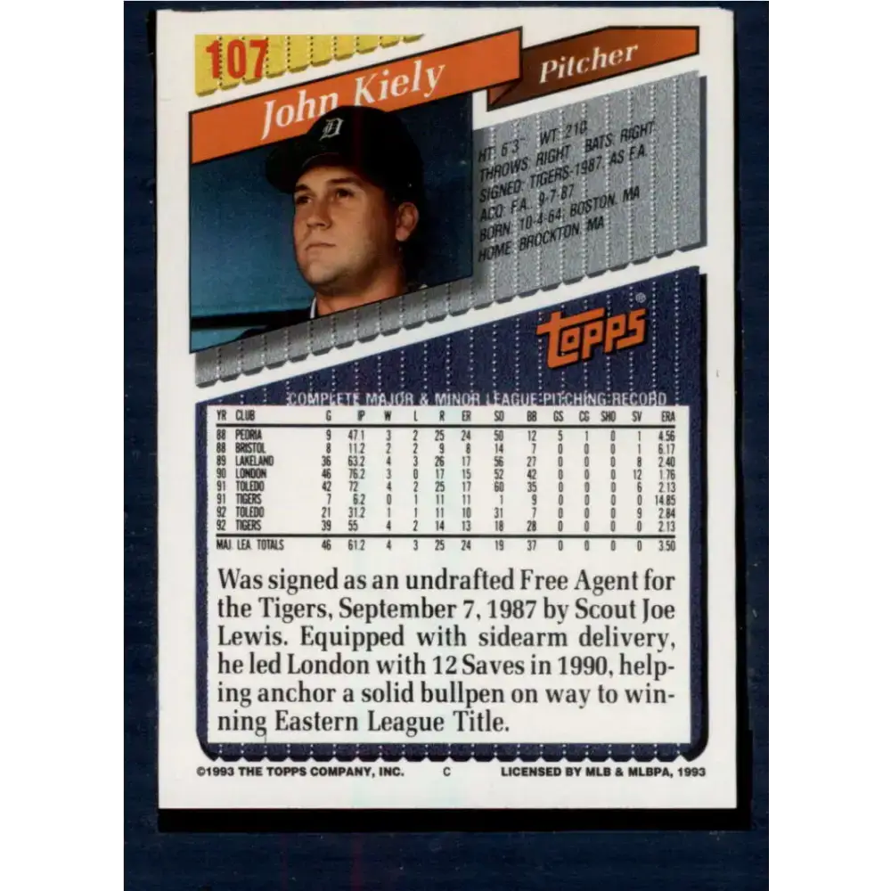 1993 Topps #107 John Kiely NM-MT Detroit Tigers Baseball Card - Baseball Card Single