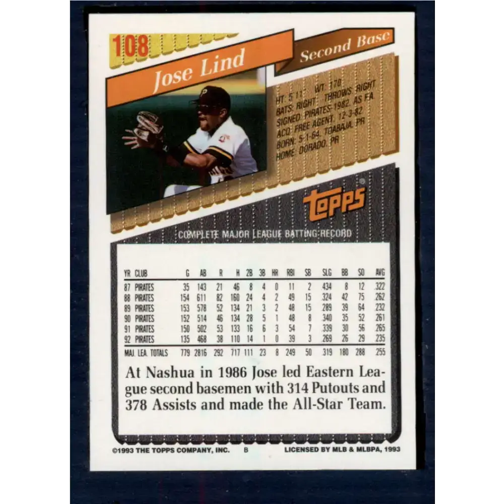 1993 Topps #108 Jose Lind NM-MT Pittsburgh Pirates Baseball Card - Baseball Card Single