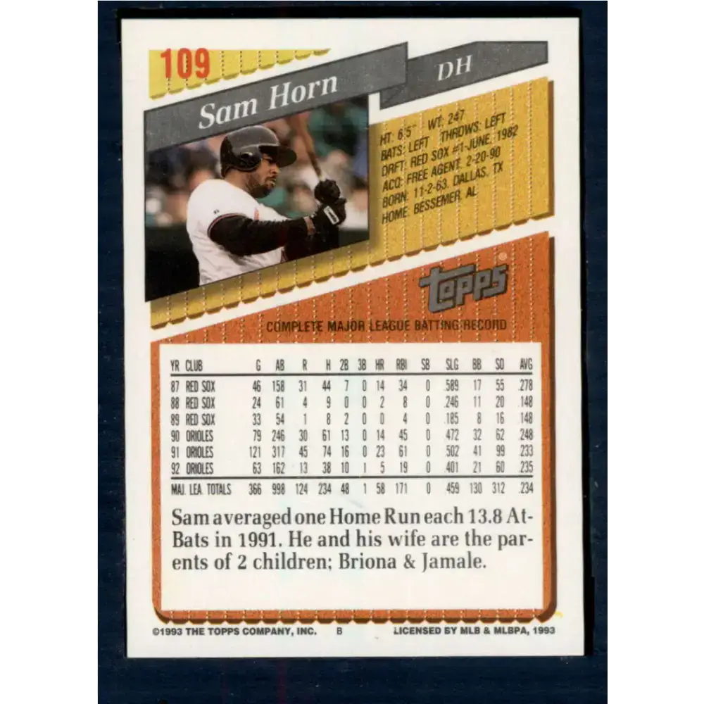 1993 Topps #109 Sam Horn NM-MT Baltimore Orioles Baseball Card - Baseball Card Single