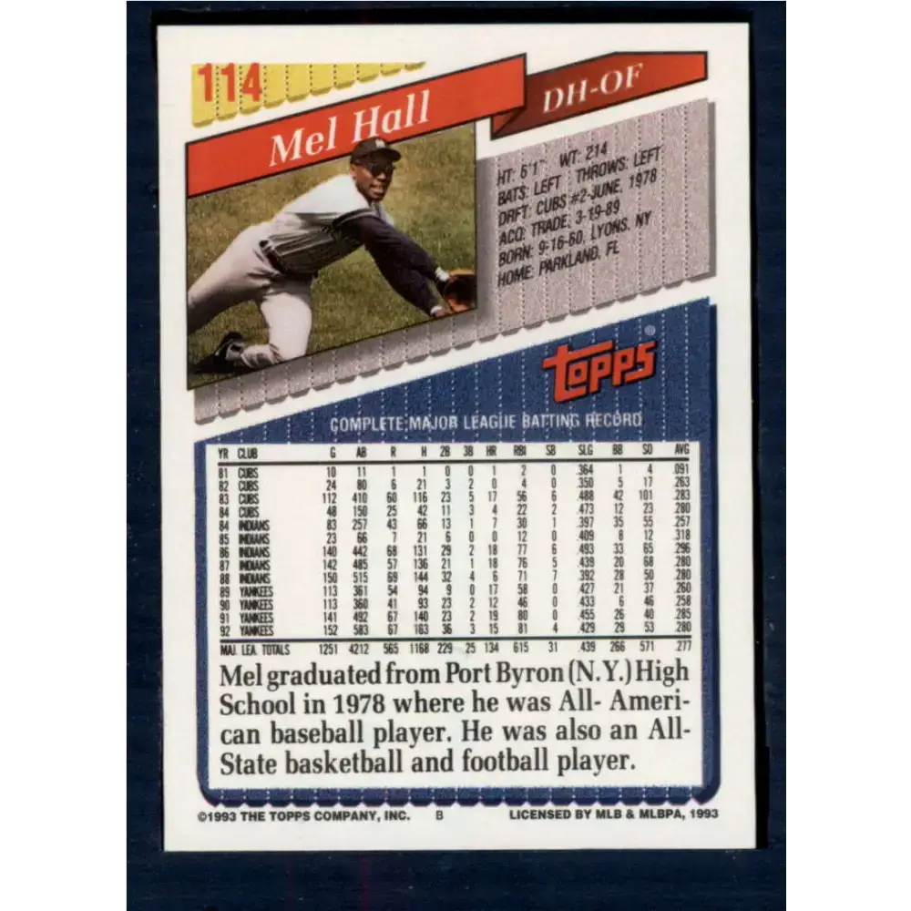 1993 Topps #114 Mel Hall NM-MT New York Yankees Baseball Card