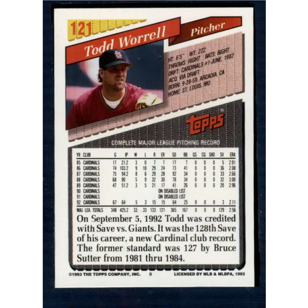 1993 Topps #121 Todd Worrell NM-MT St. Louis Cardinals Baseball Card - Baseball Card Single