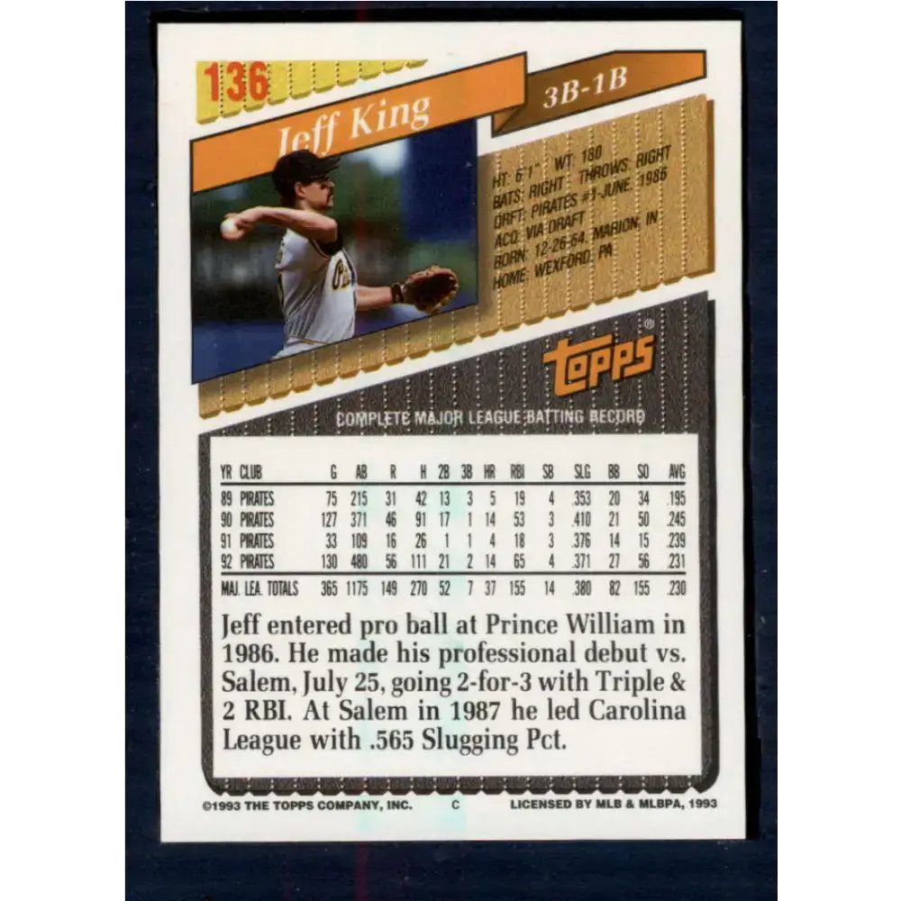 1993 Topps #136 Jeff King NM-MT Pittsburgh Pirates Baseball Card - Baseball Card Single