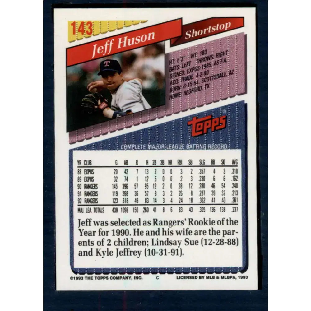1993 Topps #143 Jeff Huson NM-MT Texas Rangers Baseball Card - Baseball Card Single