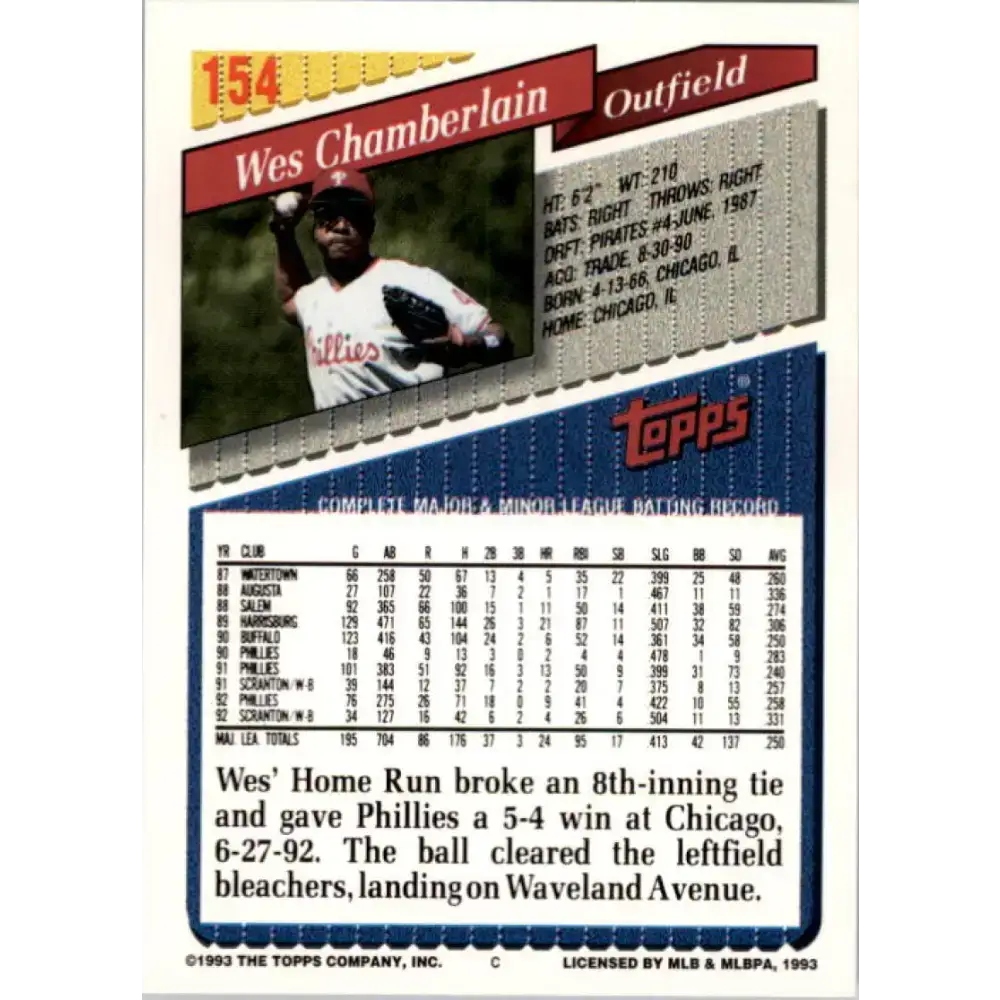 1993 Topps #154 Wes Chamberlain NM-MT Philadelphia Phillies Baseball Card - Baseball Card Single