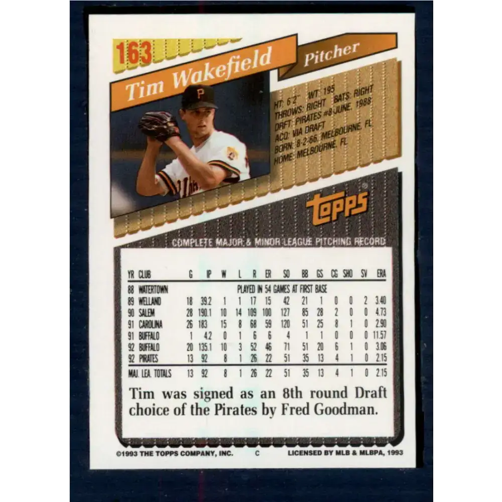 1993 Topps #163 Tim Wakefield NM-MT Pittsburgh Pirates Baseball Card - Baseball Card Single