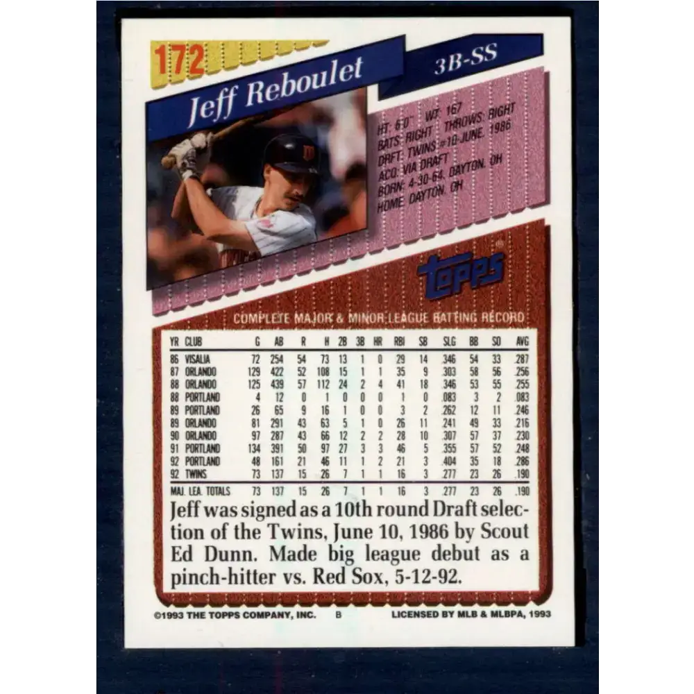 1993 Topps #172 Jeff Reboulet NM-MT Minnesota Twins Baseball Card - Baseball Card Single