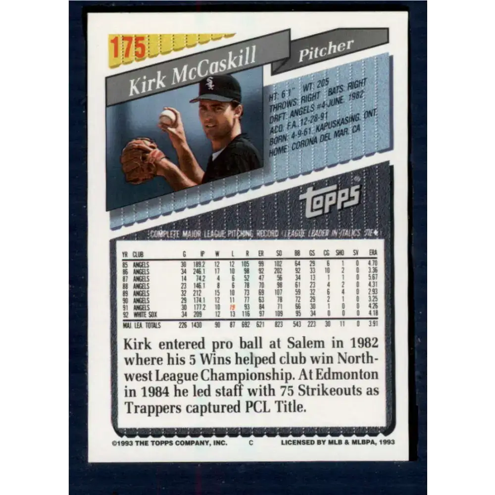 1993 Topps #175 Kirk McCaskill NM-MT Chicago White Sox Baseball Card - Baseball Card Single