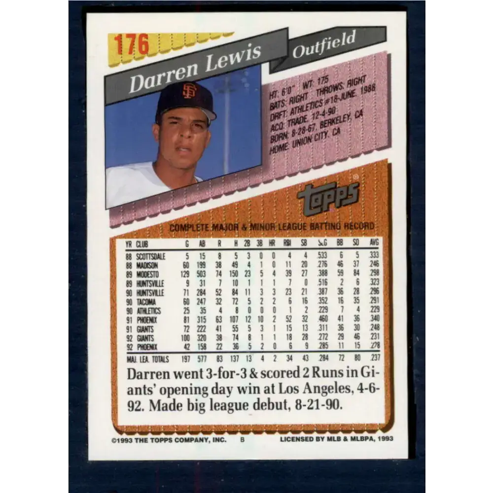 1993 Topps #176 Darren Lewis NM-MT San Francisco Giants Baseball Card - Baseball Card Single